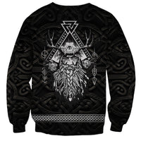 Unisex black sweatshirt with large Norse Odin skull graphic on back, long sleeves