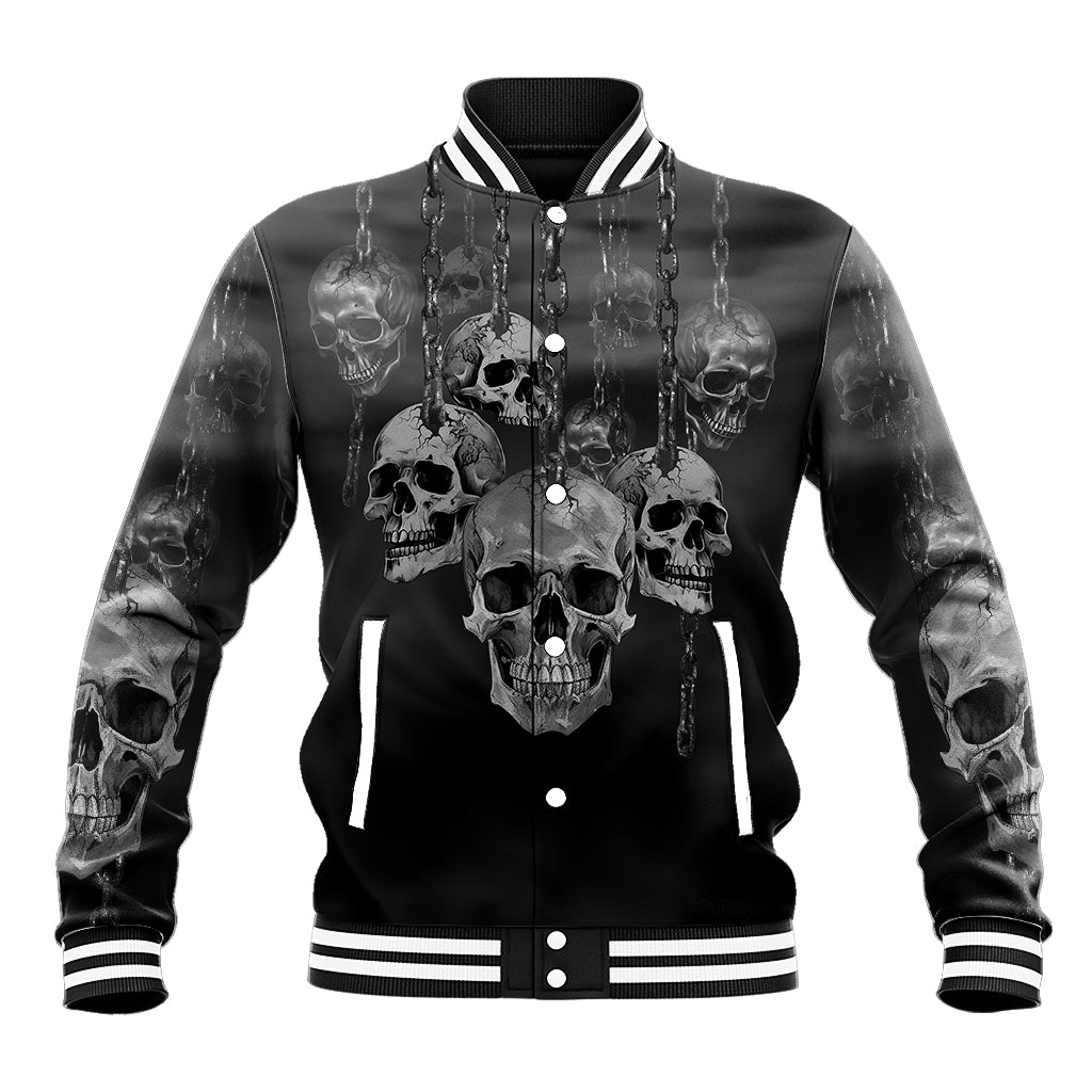 Black baseball jacket, front skull-and-chain print, button placket and striped collar