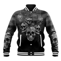 Black baseball jacket, front skull-and-chain print, button placket and striped collar