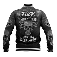 Black baseball jacket, skull graphics on back, striped collar and ribbed cuffs