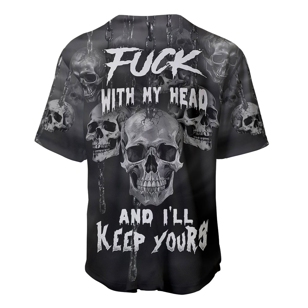 Black skull baseball jersey with chain print, front button placket and graphic text