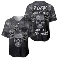 Black skull baseball jersey with chain print, large skull graphic and slogan text