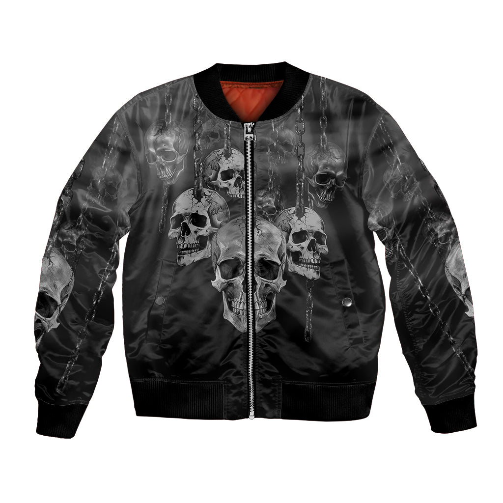 Black bomber jacket with allover skull prints, front zipper, and red inner collar