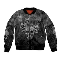 Black bomber jacket with allover skull prints, front zipper, and red inner collar