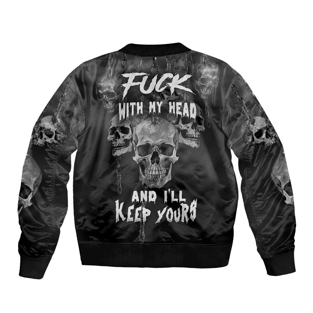 Black bomber jacket with large skull graphic and profanity-style text on front