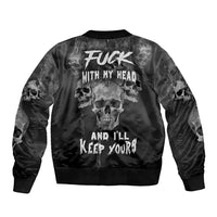 Black bomber jacket with large skull graphic and profanity-style text on front