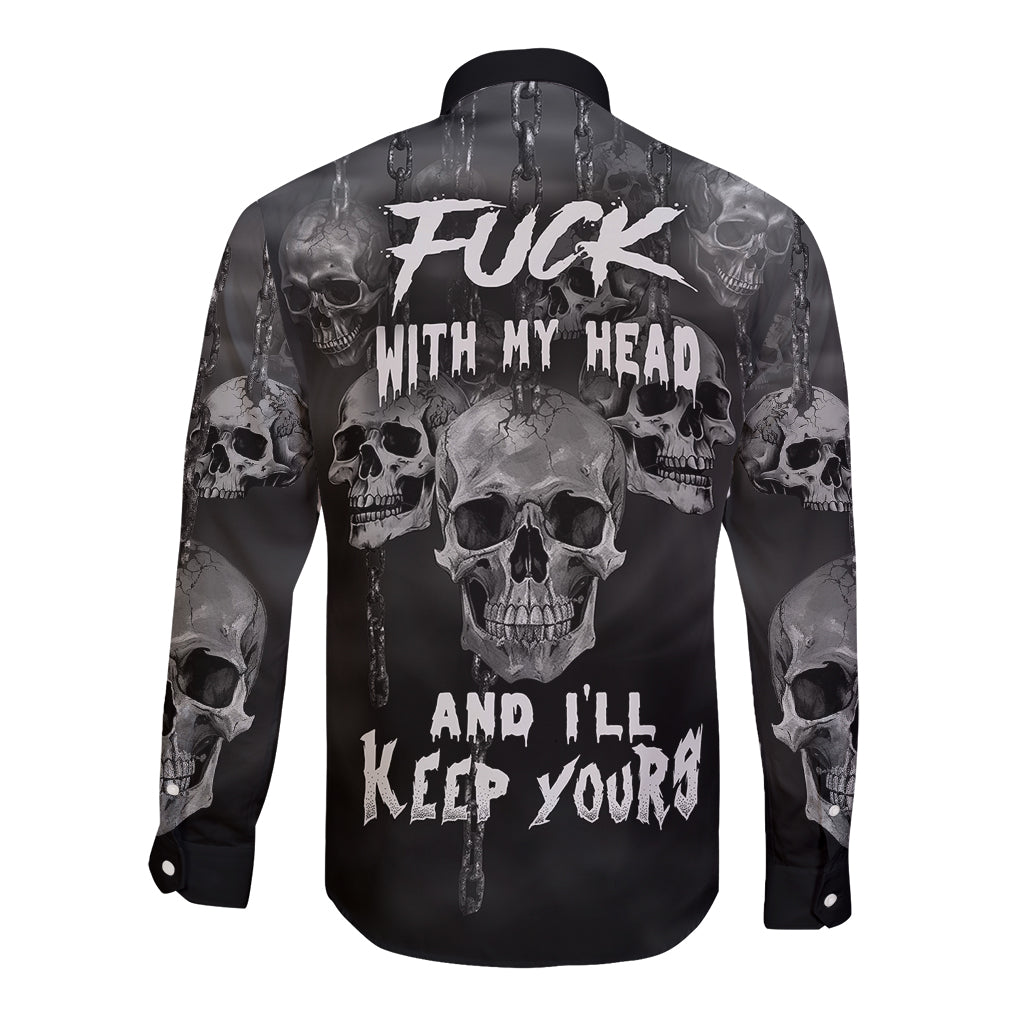 Unisex black skull long-sleeve button-up shirt, back bold skull-and-text print