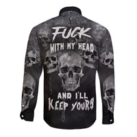Unisex black skull long-sleeve button-up shirt, back bold skull-and-text print