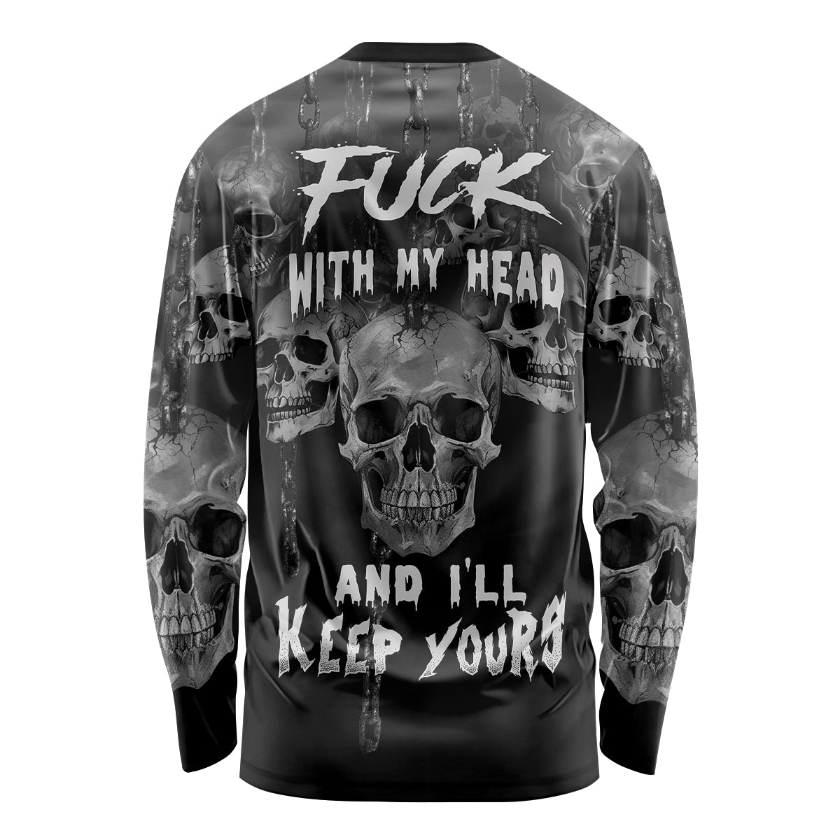 Black long sleeve skull shirt with bold front graphic and large slogan print