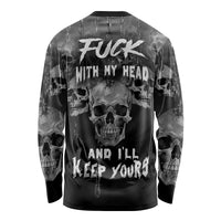 Black long sleeve skull shirt with bold front graphic and large slogan print