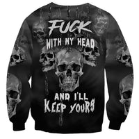 Black unisex crewneck sweatshirt with skull graphic and bold slogan on front