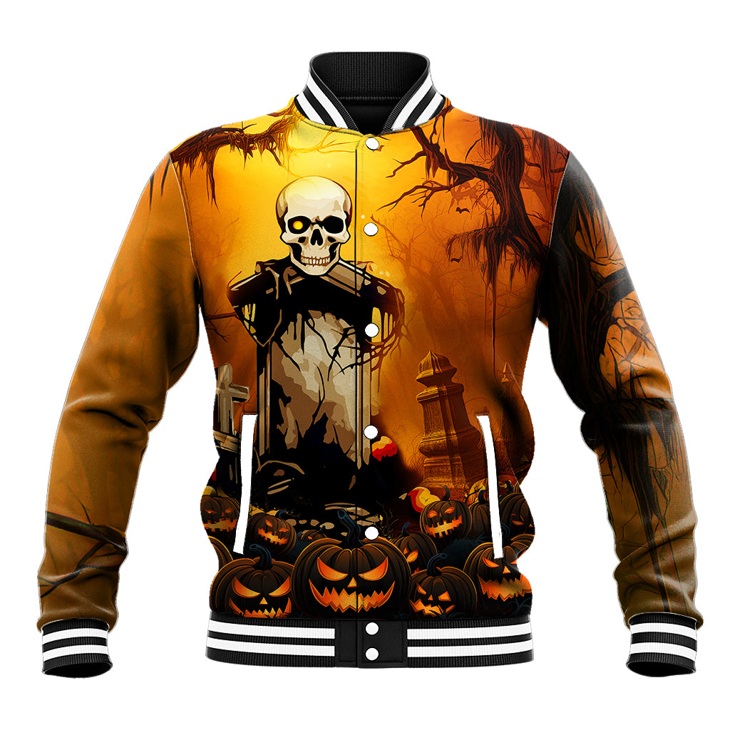 Unisex baseball jacket, yellow-orange skull scene with pumpkins and striped ribbed collar