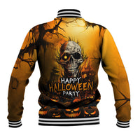 Unisex baseball jacket, orange skull graphic, 'Happy Halloween Party' text