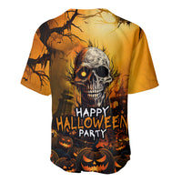 Halloween baseball jersey with skull graphic, “Happy Halloween Party” text, pumpkins, orange/yellow