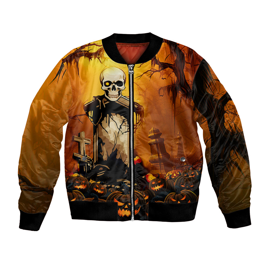 Halloween bomber jacket with skull figure, pumpkins and graveyard scene, zip front, ribbed trim