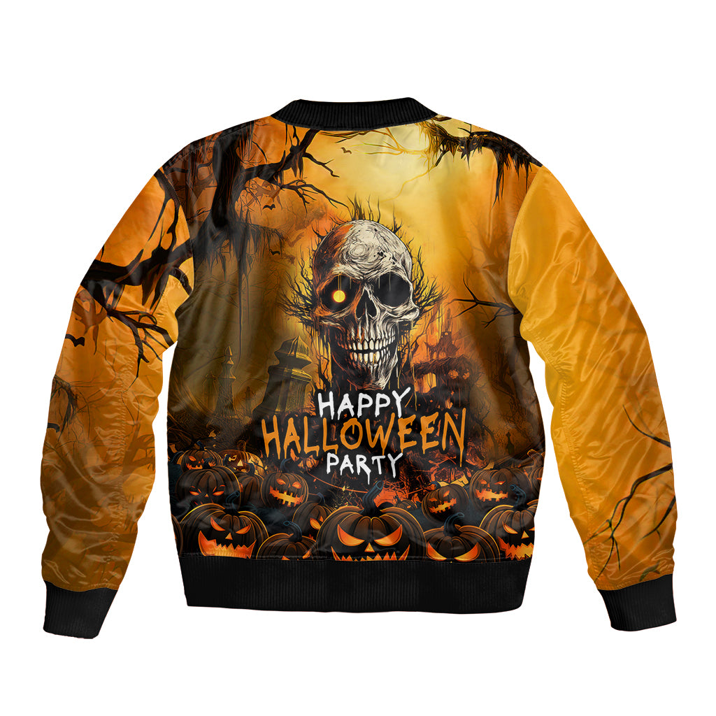 Halloween bomber jacket with skull graphic and 'Happy Halloween Party' text, ribbed cuffs