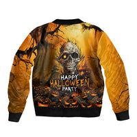 Halloween bomber jacket with skull graphic and 'Happy Halloween Party' text, ribbed cuffs