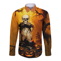 Long-sleeve button shirt with skeleton scene and jack-o'-lantern pumpkins graphic
