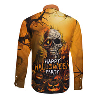 Long-sleeve button shirt with Halloween skull and 'Happy Halloween Party' graphic, pumpkins