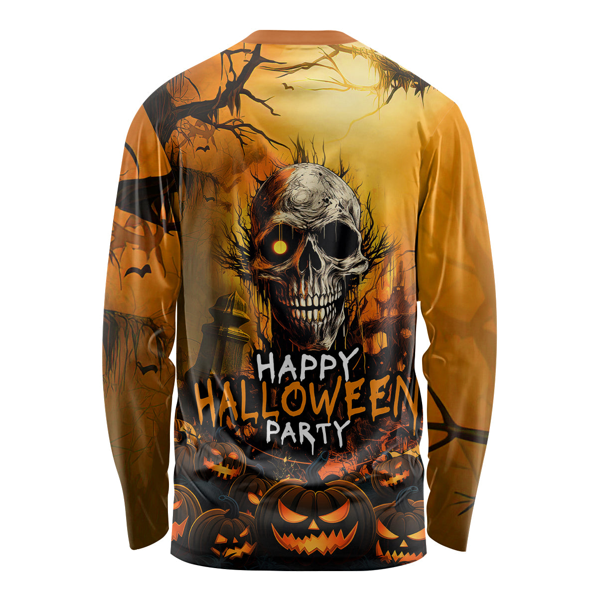 Unisex long-sleeve Halloween party shirt with skull graphic and HAPPY HALLOWEEN PARTY text