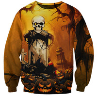 Halloween sweatshirt with skeleton holding a weapon, with pumpkins graphic below