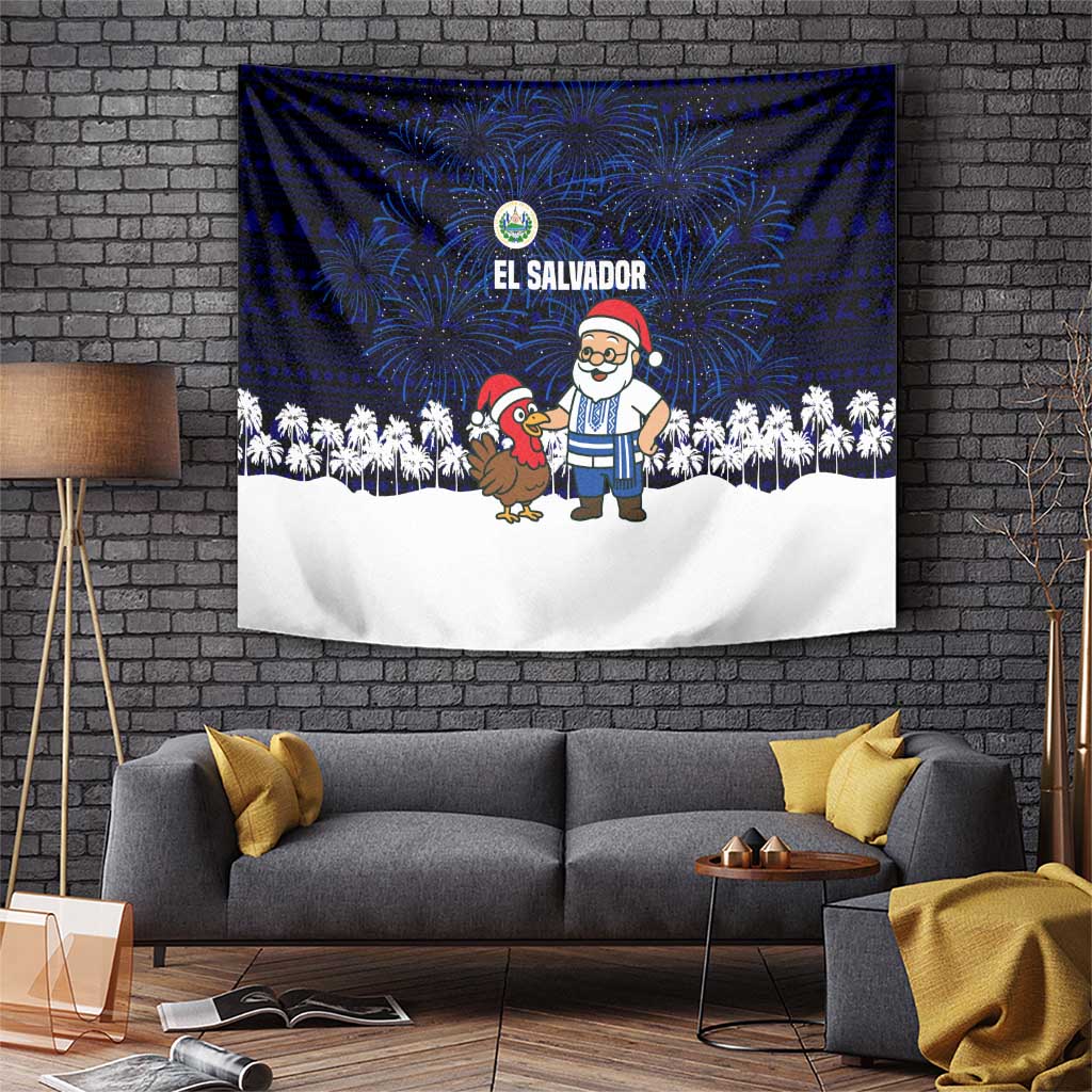 El Salvador Christmas Tapestry with Santa Claus Turkey Fireworks Palm Trees and National Emblem Design - Wonder Print Shop