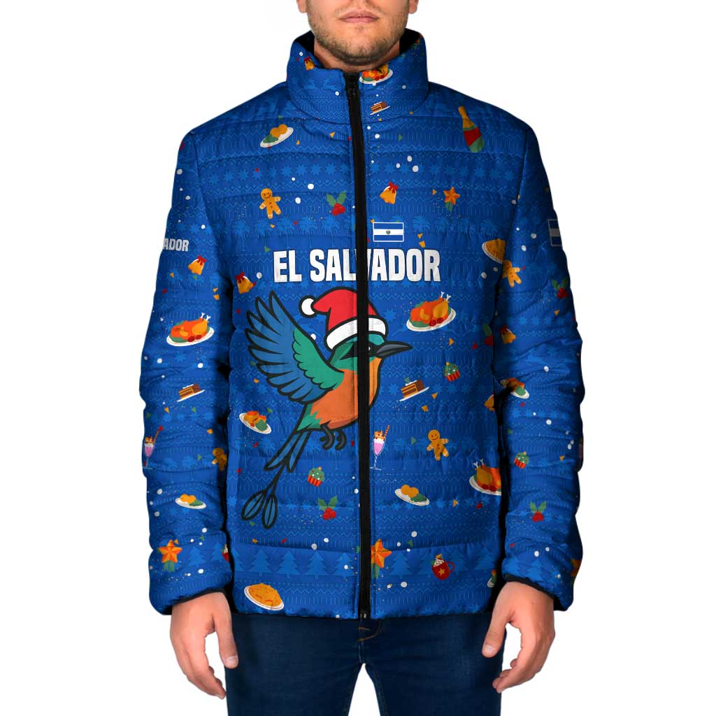 El Salvador Christmas Padded Jacket with Santa Hat Motmot Bird Traditional Foods and Blue Festive Pattern Design - Wonder Print Shop