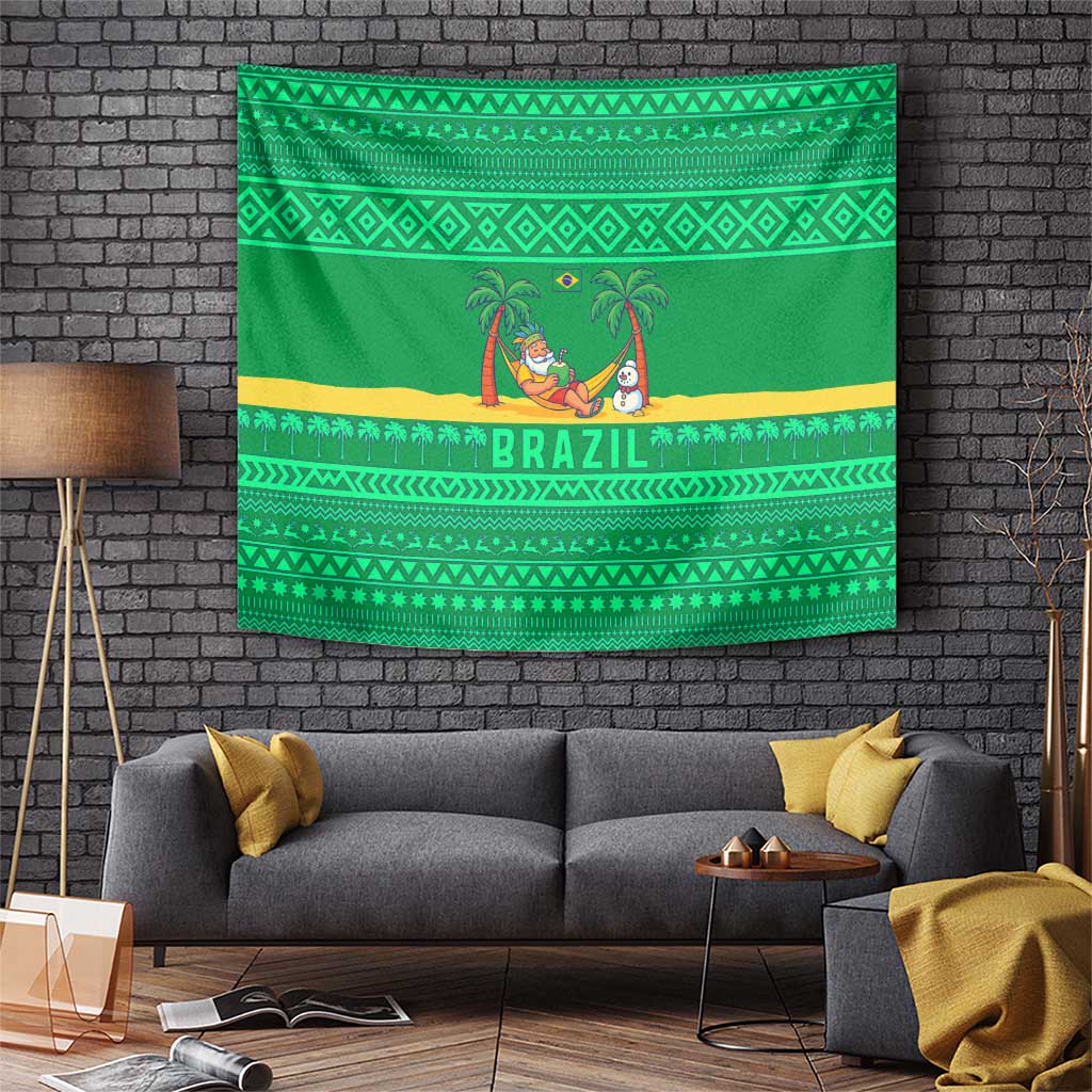 Brazil Christmas Tapestry with Santa Relaxing in Hammock Palm Trees Snowman and Tribal Pattern Design - Wonder Print Shop