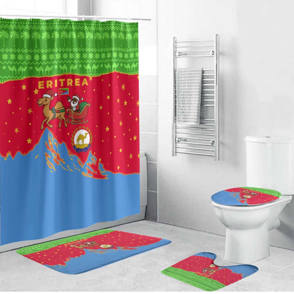 Eritrea Christmas Bathroom Set with Santa Claus Camel Sleigh National Emblem and Red Green Blue Pattern - Wonder Print Shop