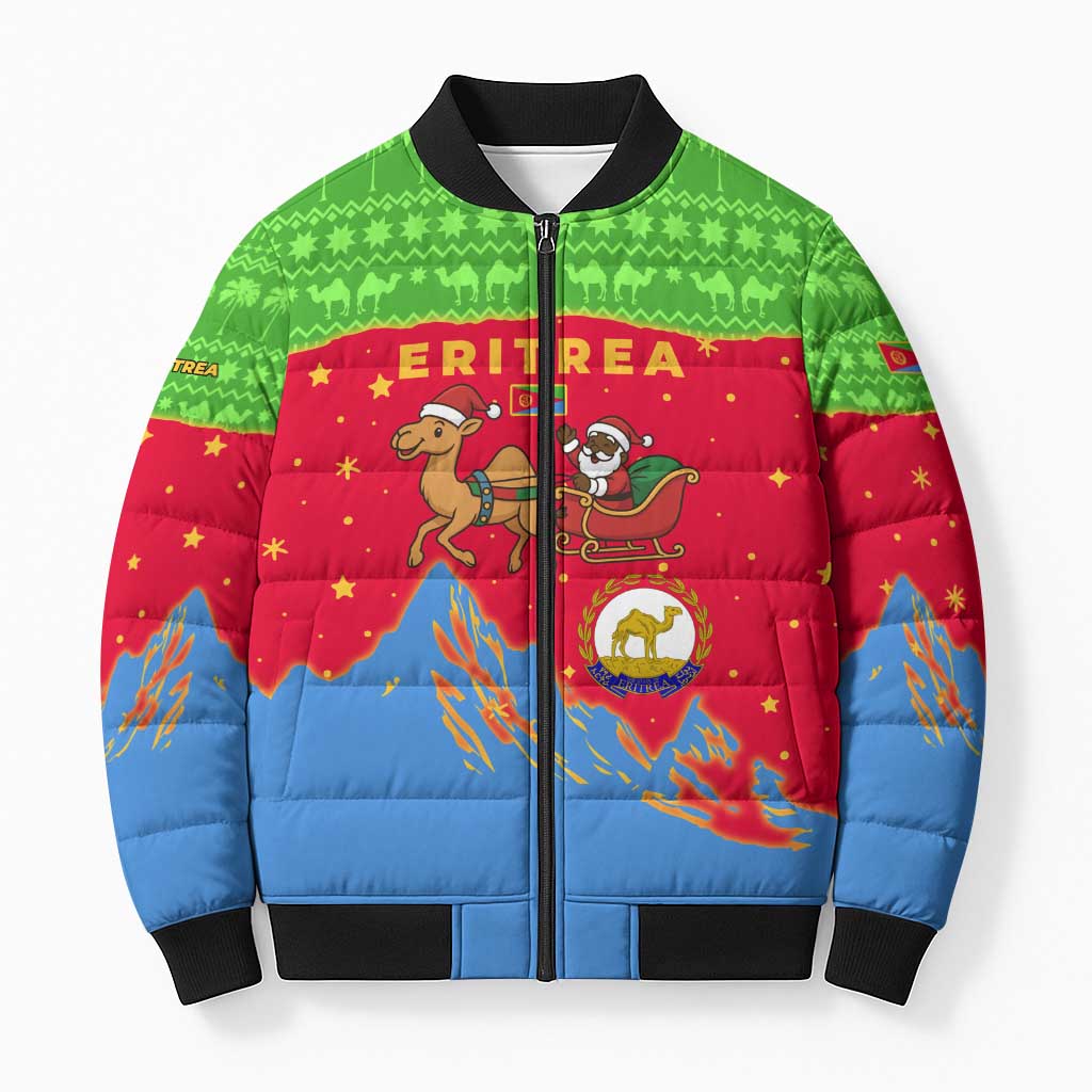 Eritrea Christmas Bomber Puffer Jacket with Santa Claus Camel Sleigh National Emblem and Red Green Blue Pattern - Wonder Print Shop