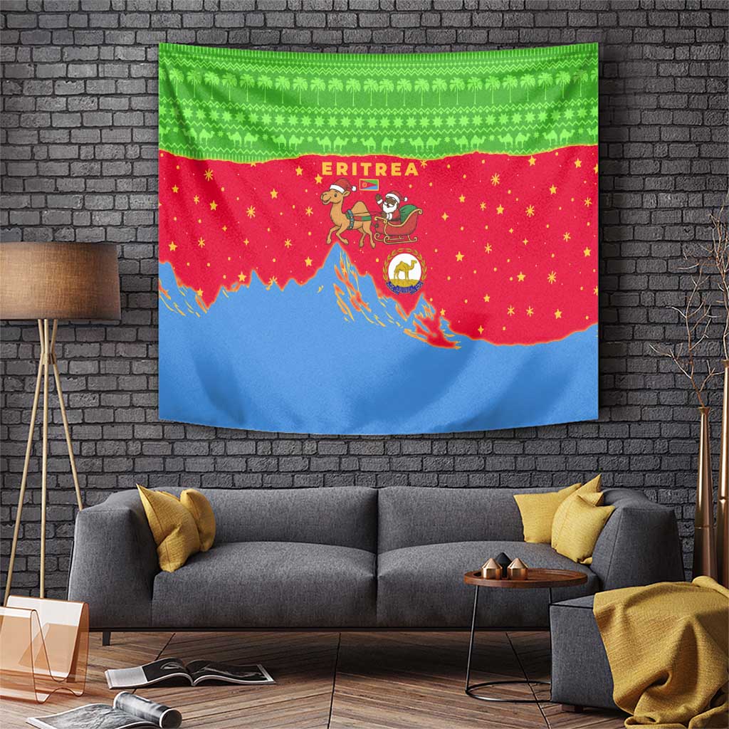 Eritrea Christmas Tapestry with Santa Claus Camel Sleigh National Emblem and Red Green Blue Pattern - Wonder Print Shop