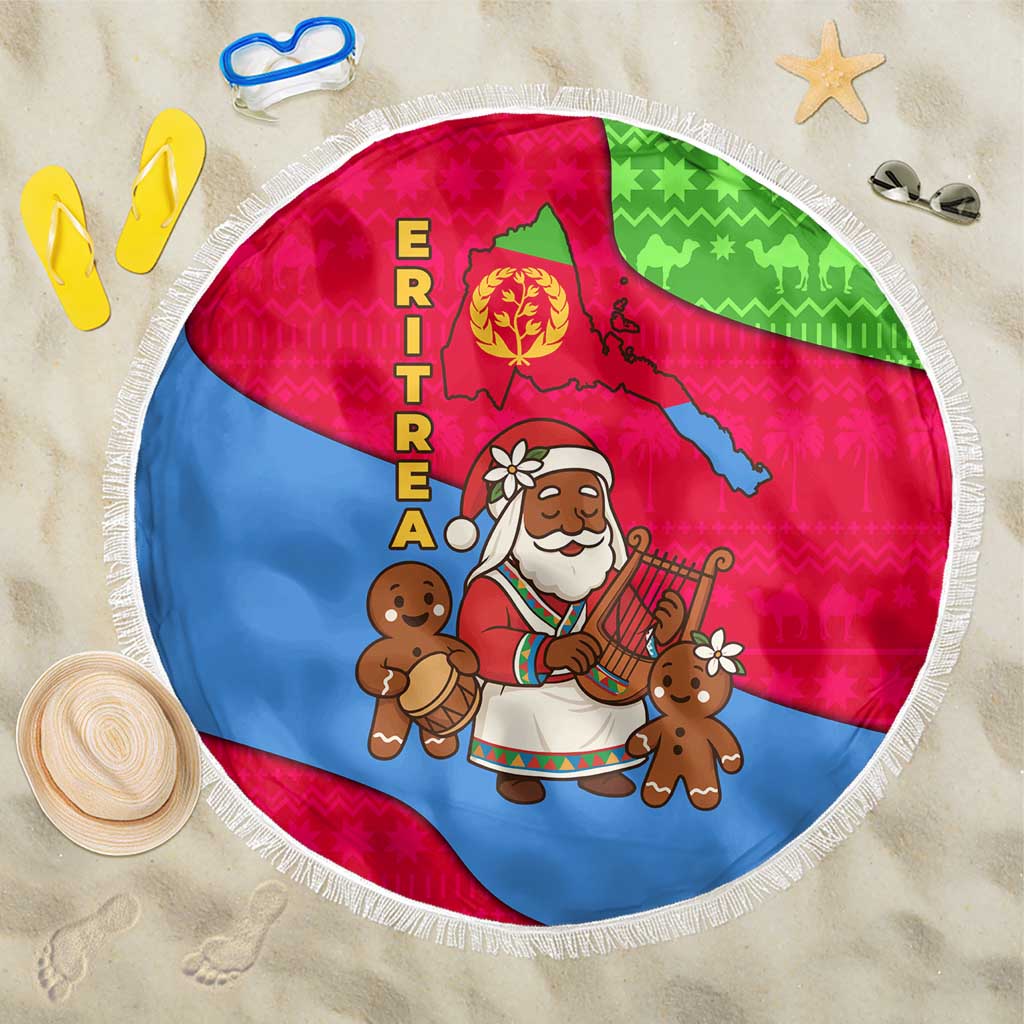 Eritrea Christmas Beach Blanket with African Santa Gingerbread Harp National Flag Colors and Festive Pattern Design - Wonder Print Shop
