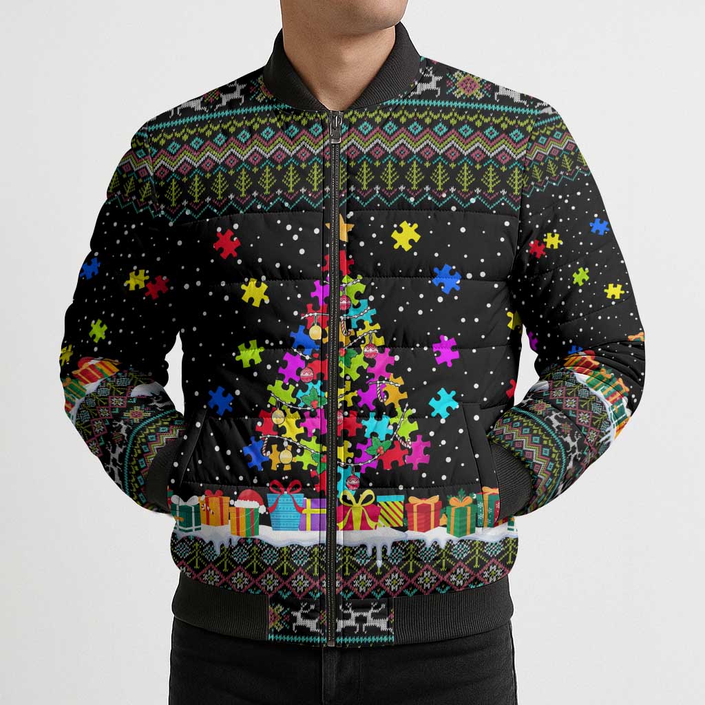 Autism Pine Christmas Bomber Puffer Jacket Xmas Holiday Patterns - Wonder Print Shop