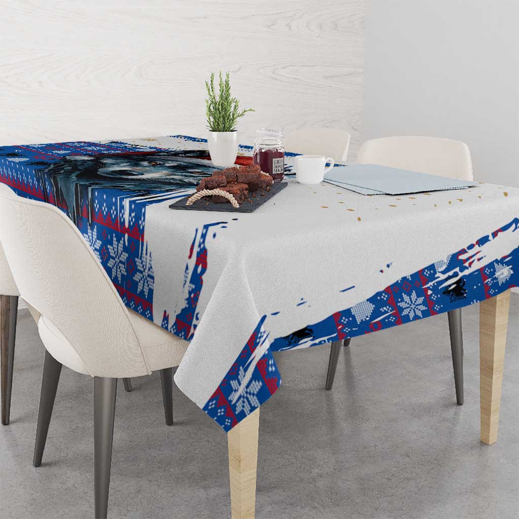 Kosovo Christmas Tablecloth with Santa Wolf Snowflakes Blue Pattern and National Emblem - Wonder Print Shop