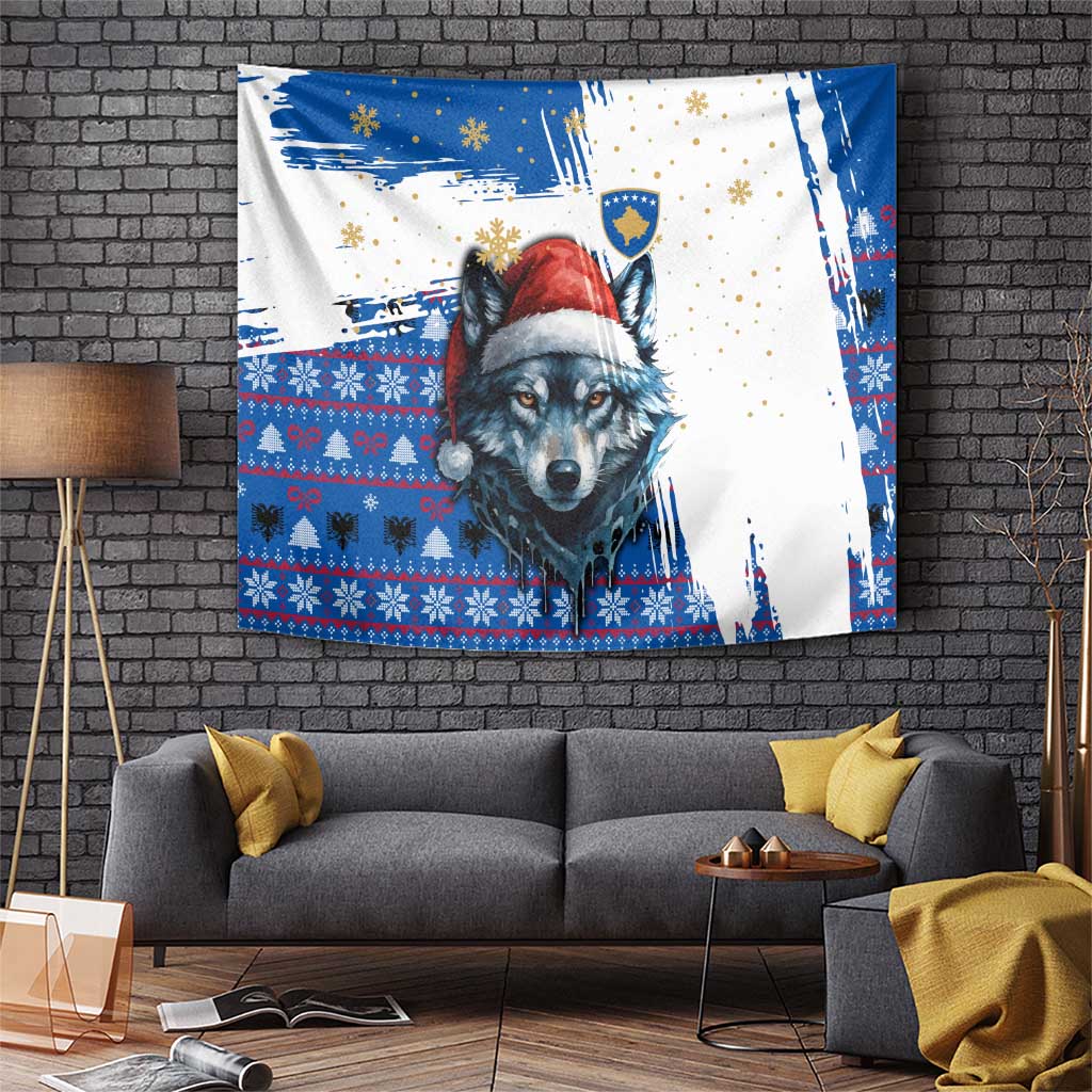 Kosovo Christmas Tapestry with Santa Wolf Snowflakes Blue Pattern and National Emblem - Wonder Print Shop