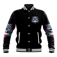 Black varsity baseball jacket with multicolor rose skull chest patch and striped rib trim