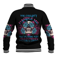 Black baseball jacket with multicolor rose skull back graphic and striped rib trim