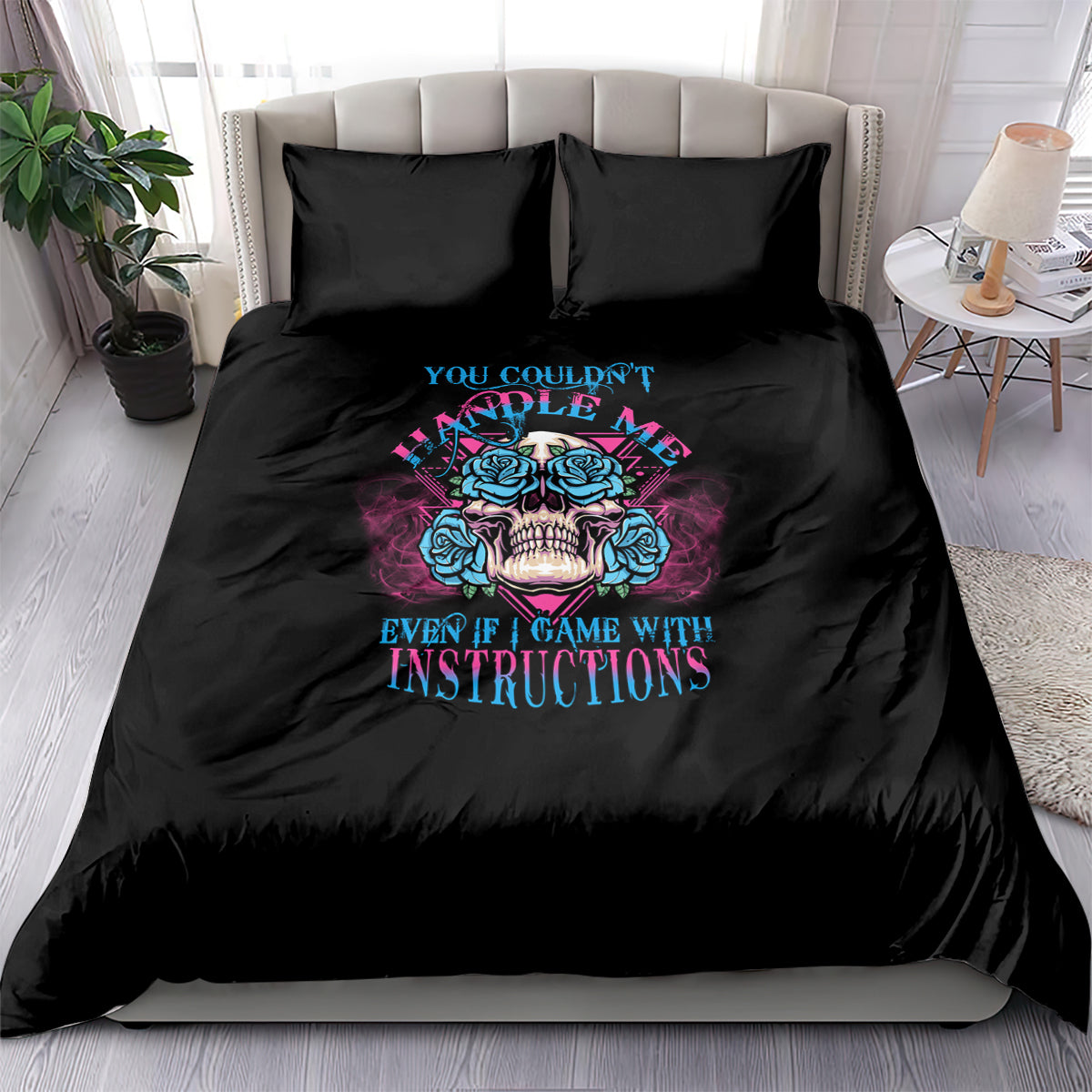 Black bedding set with multicolor triangle skull graphic on duvet and pillowcases