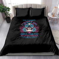 Black bedding set with multicolor triangle skull graphic on duvet and pillowcases