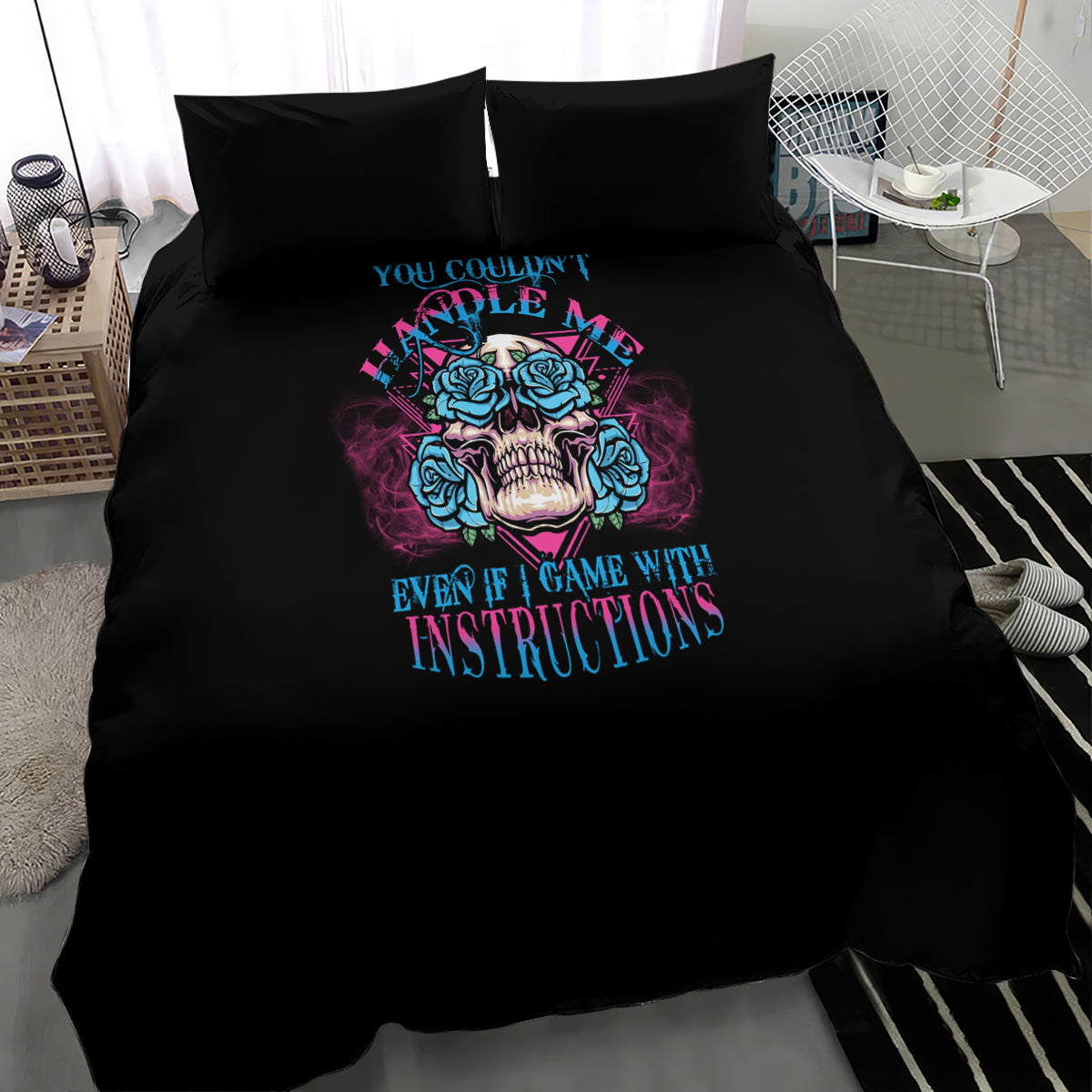 Black bedding set with multicolor triangle skull graphic on duvet, two pillowcases