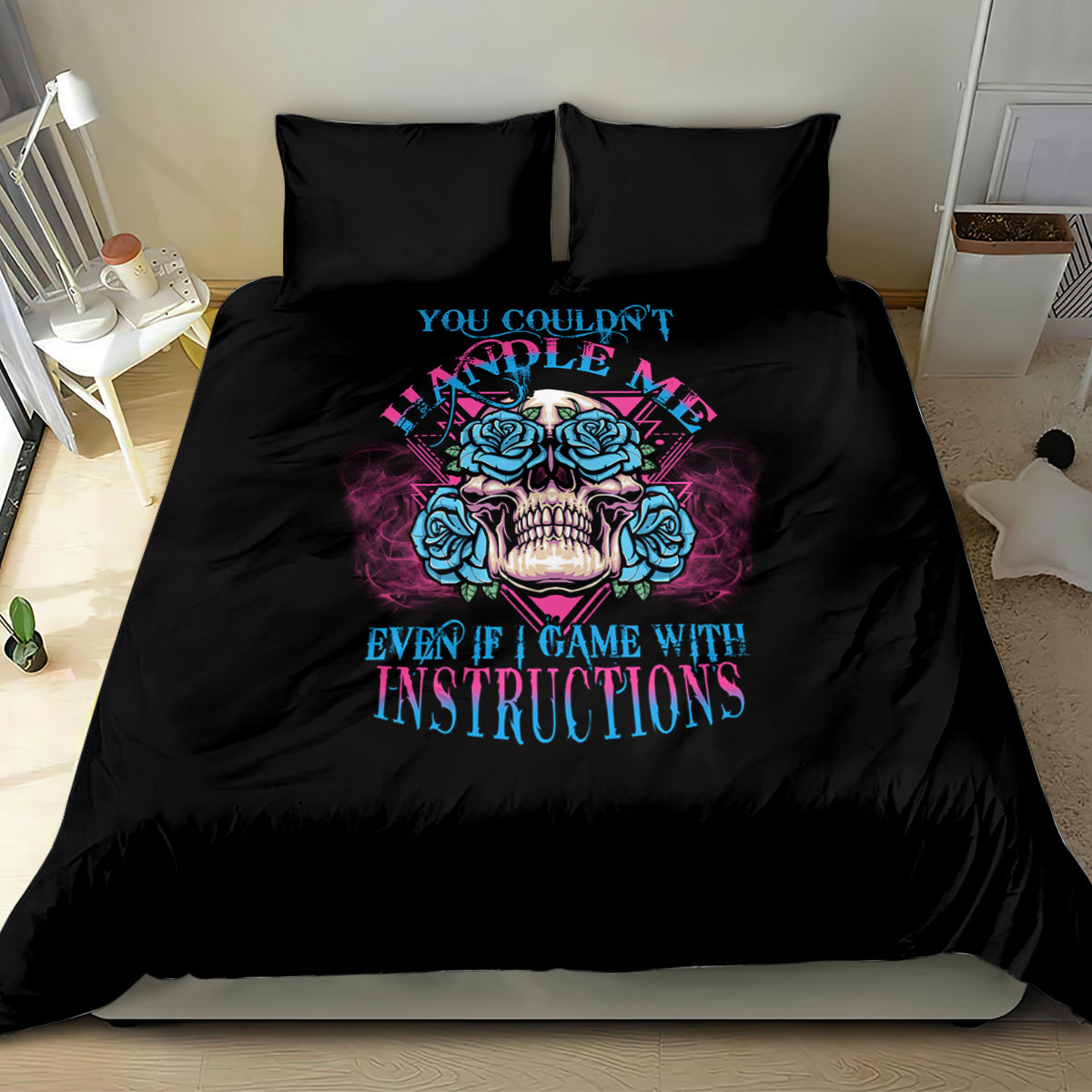 Black bedding set with bold multicolor triangle skull graphic on duvet and pillowcases