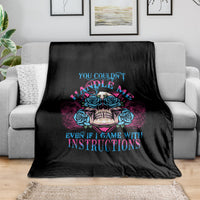 Black triangle skull graphic blanket with blue and pink neon roses, draped on sofa