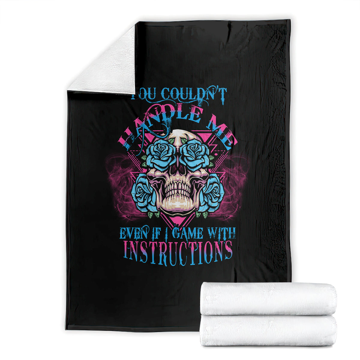 Folded black triangle skull graphic blanket with blue and pink neon rose design