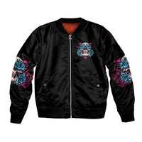 Black unisex bomber jacket with front zip, chest crest and sleeve rose skull graphics.
