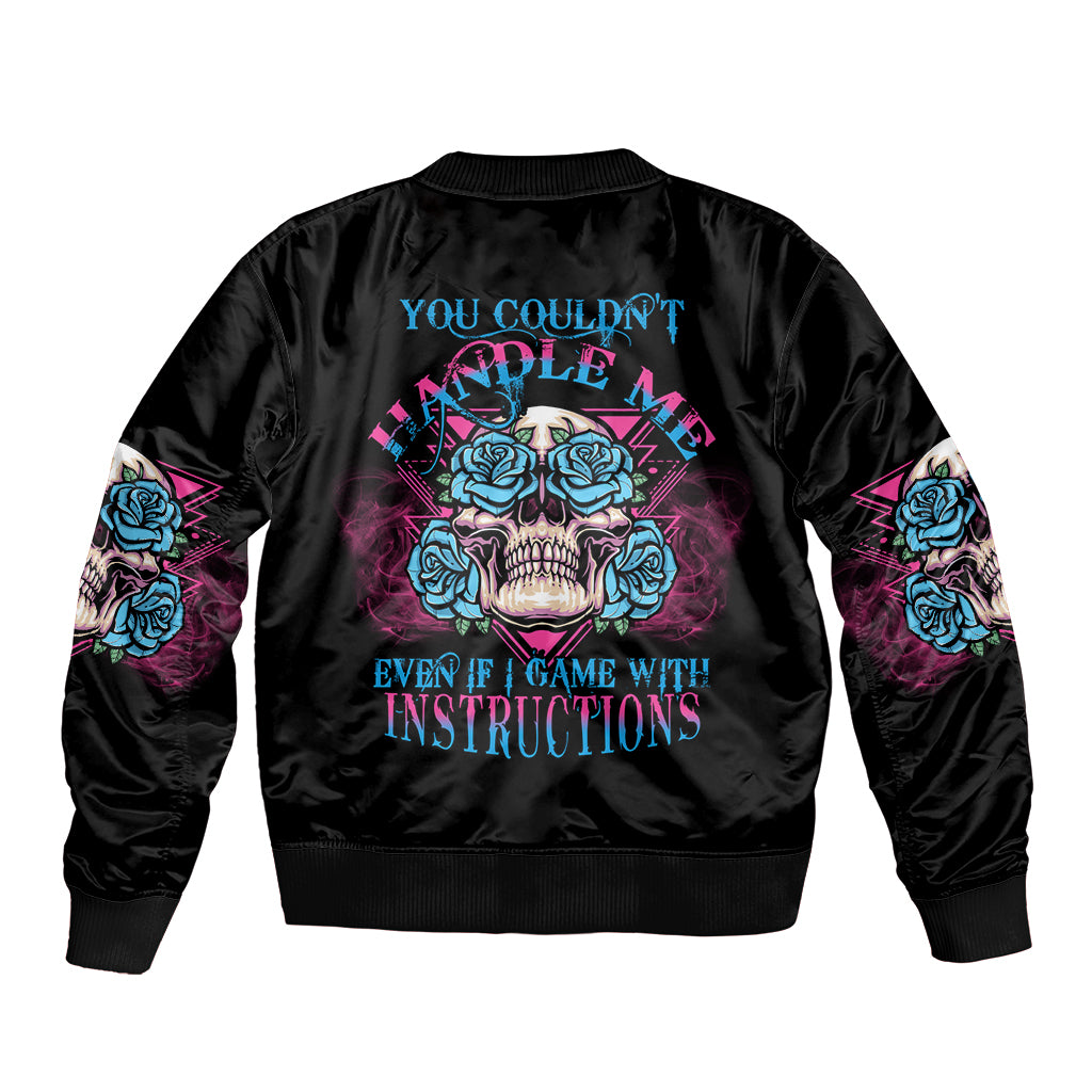 Black unisex bomber jacket with large back skull-and-rose graphic, ribbed hem and cuffs.