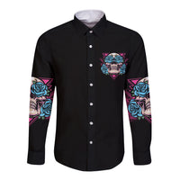 Black long-sleeve button shirt with triangle skull face emblem and rose sleeve prints