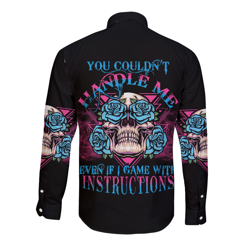 Black long-sleeve button shirt with triangle skull graphic and roses on back