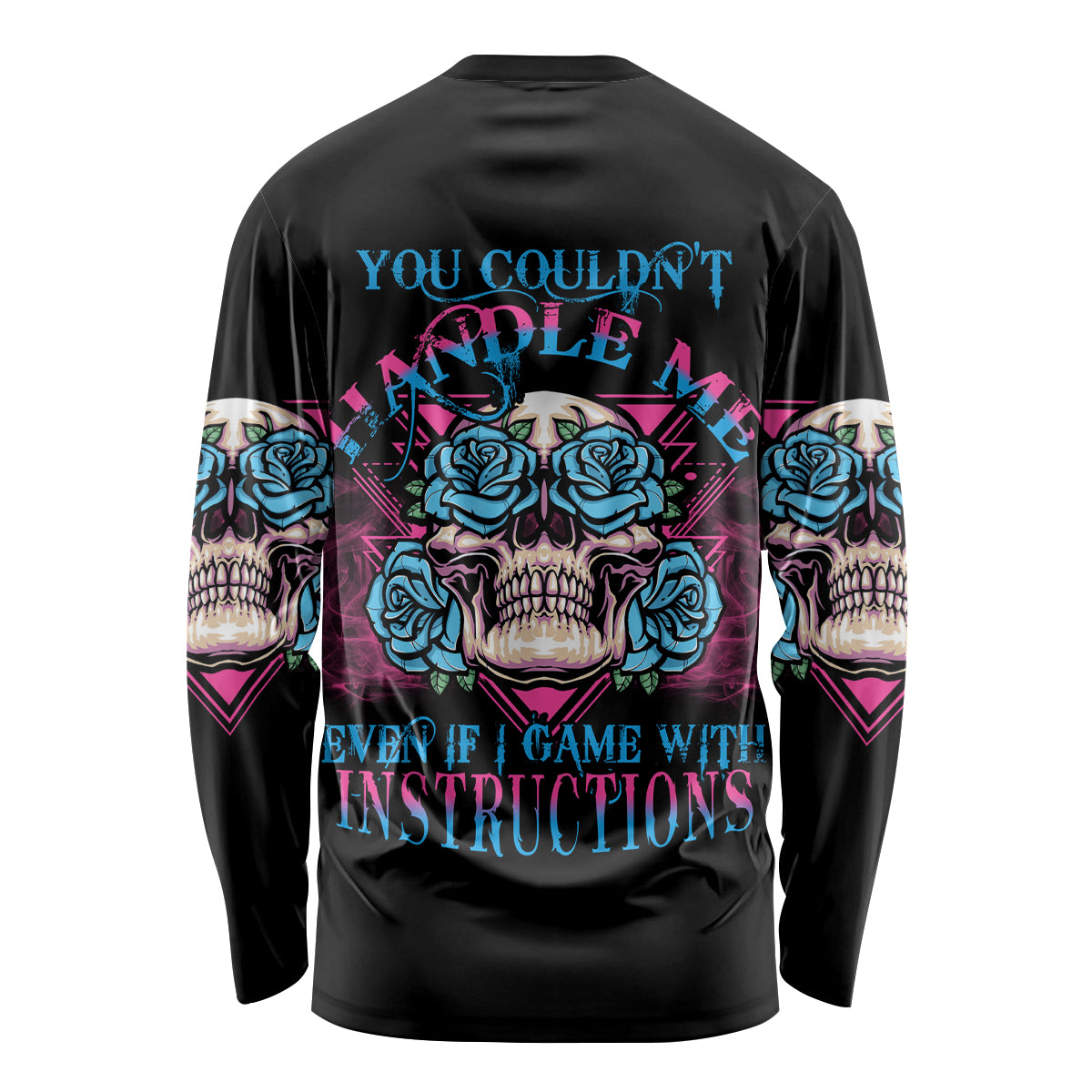 Black long-sleeve shirt with triangle skull and rose graphic on back, multicolor text