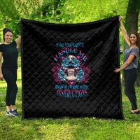 Black quilt with diamond quilting and blue/pink triangle skull graphic, full view
