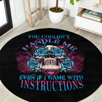 Black round graphic rug with blue skull, roses, and 'INSTRUCTIONS' text